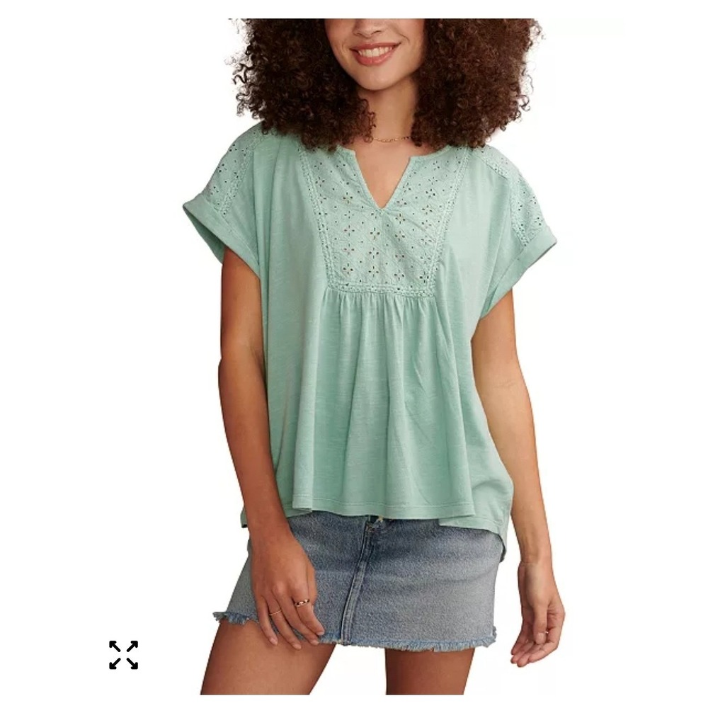 Lucky Brand Womens Eyelet Trim Split Neck T-Shirt Sage Green 7W66857 Size M